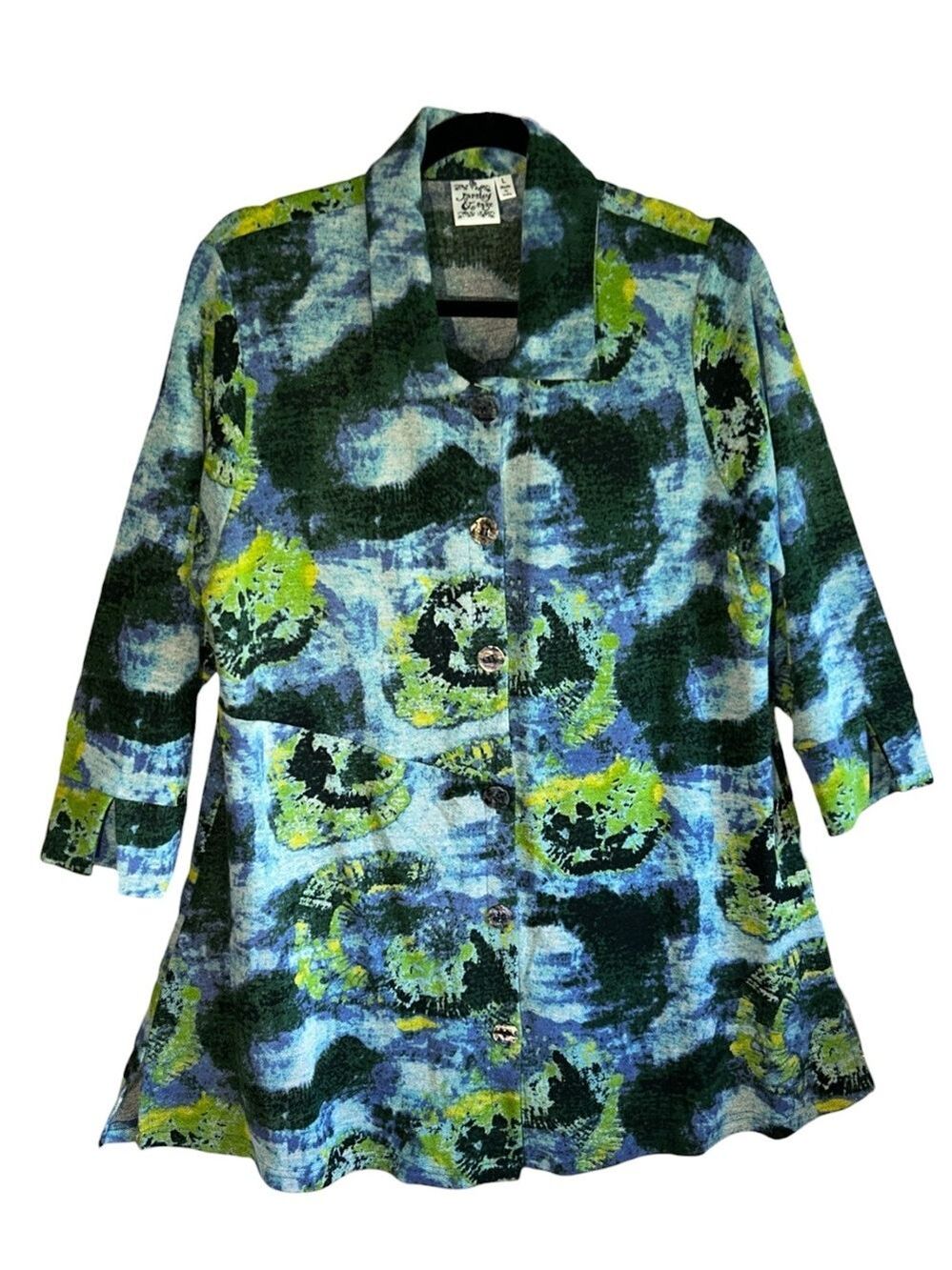Parsley & Sage Knit Cardigan Tunic Length 3/4 Sleeve Sleeve Blue Green Print LG